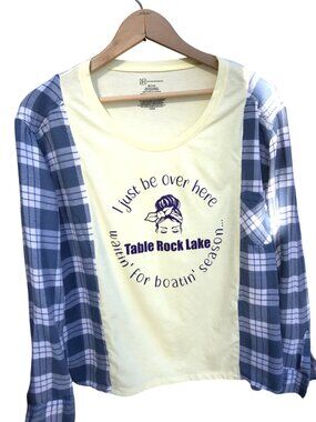 Table Rock Lake Flannel Shirt, Upcycled Lightweight Boating Graphic Tee Sz S-M